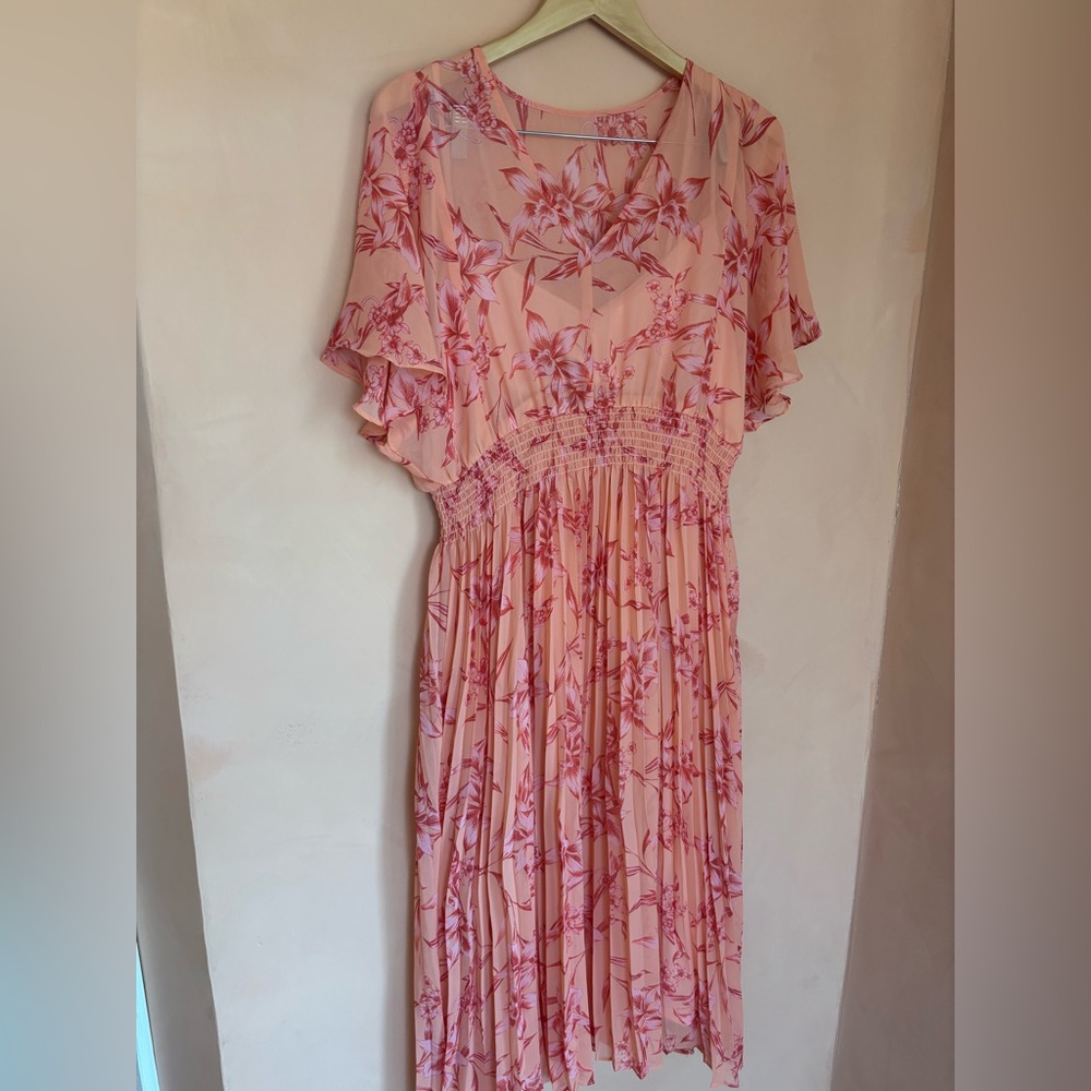 Taylor Peach Pink Floral Chiffon Lined Midaxi Dress Bohemian Romantic Large